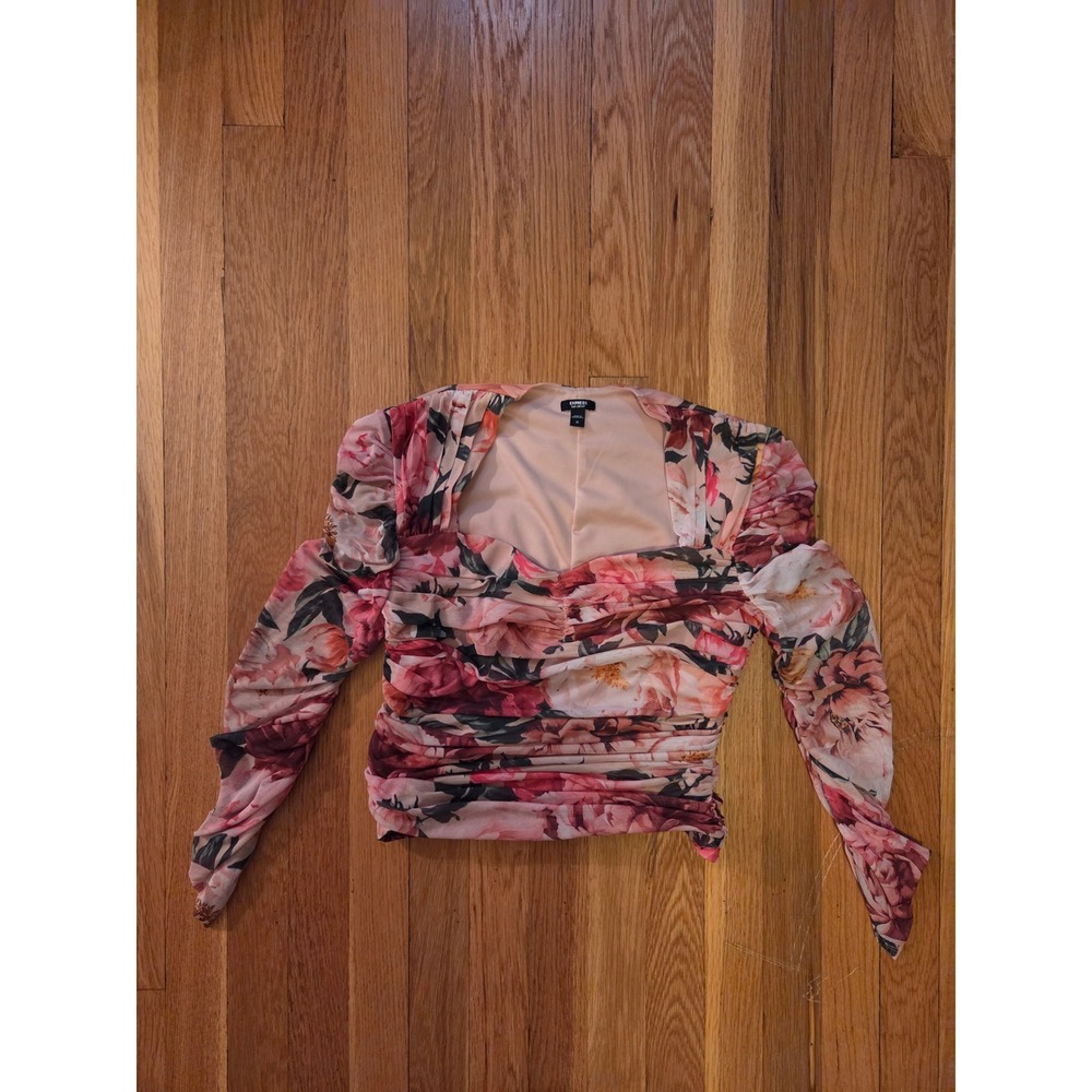 Express Bodycon Floral Ruched Mesh Sweetheart Neck Long Sleeve Top Pink Sz M - Picture 9 of 13
